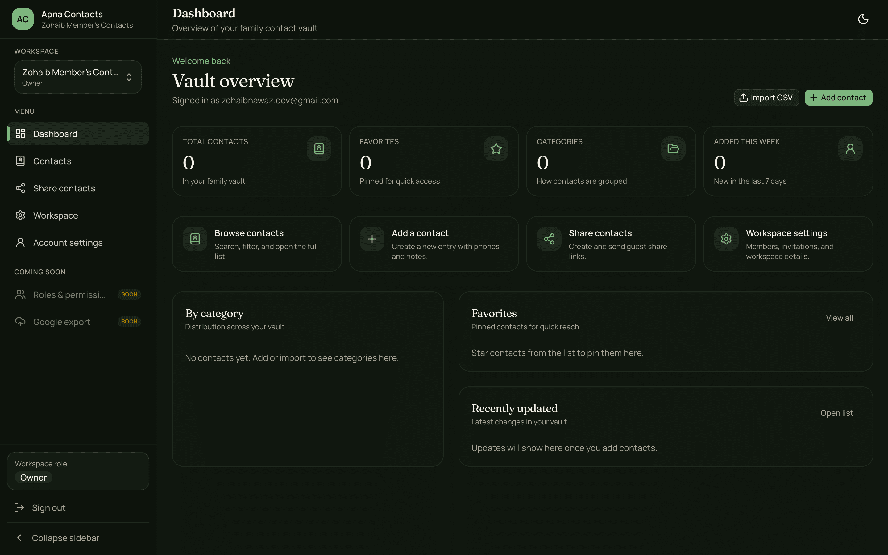 Apna Contacts owner dashboard in dark mode