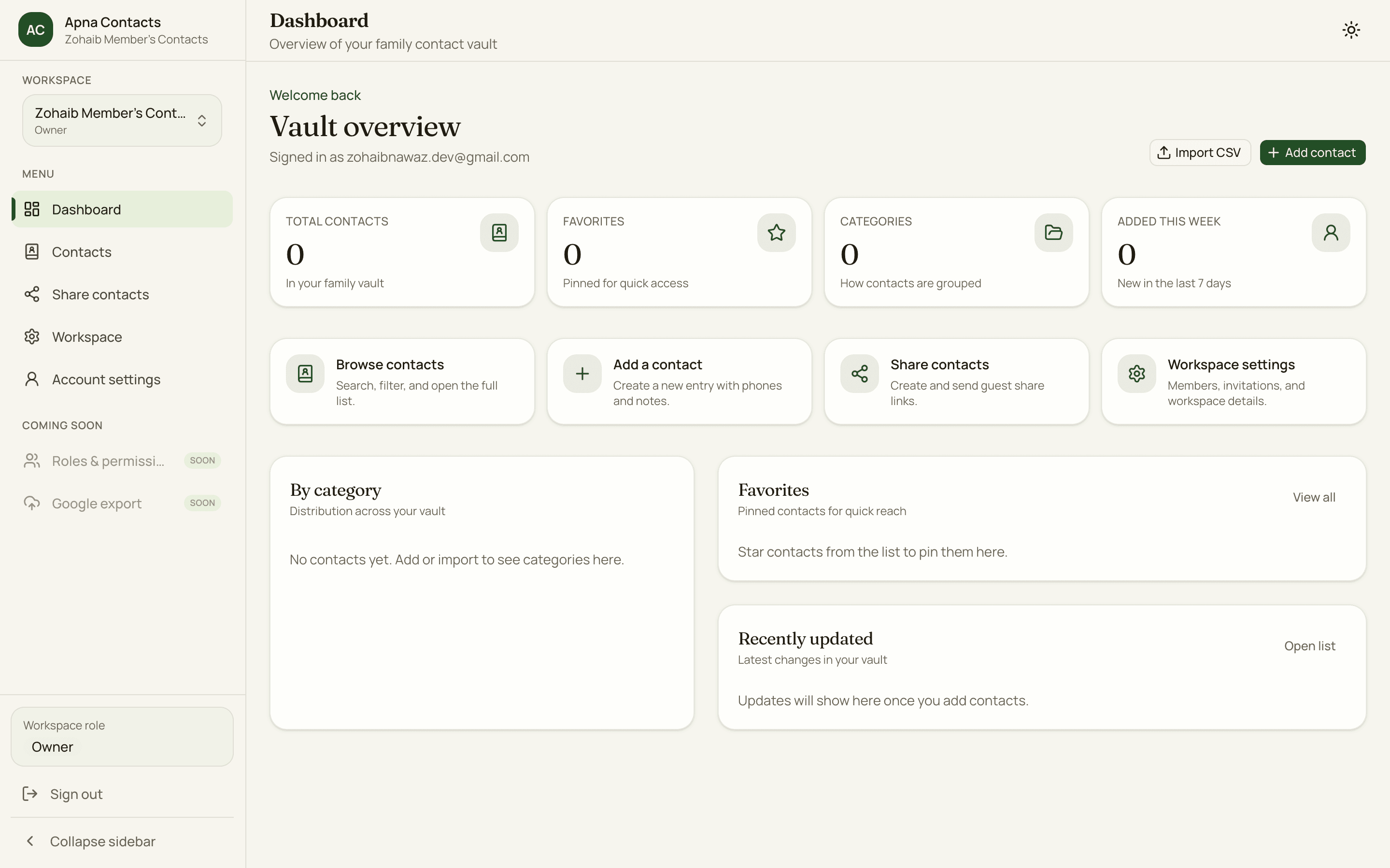 Apna Contacts owner dashboard in light mode